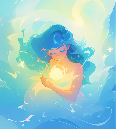 beautiful girl surrounded by liquid light, long wavy blue hair, watercolor illustration, inspired by Glen Keane, inspired by Lois van Baarle, disney art style, by Lois van Baarle, glowing aura around her, by Glen Keane, jen bartel, glowing lights! digital ...