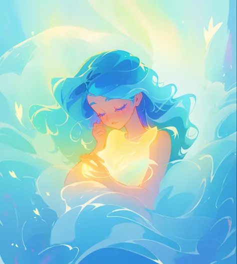 beautiful girl surrounded by liquid light, long wavy blue hair, watercolor illustration, inspired by Glen Keane, inspired by Lois van Baarle, disney art style, by Lois van Baarle, glowing aura around her, by Glen Keane, jen bartel, glowing lights! digital ...