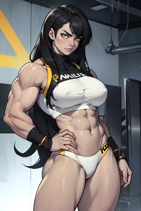 ((1girl bodybuilder)) pale skin black hair very long hair yellow eyes large breasts long abs sad