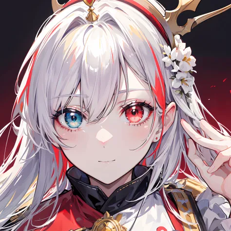 (highres,best quality,masterpiece:1.2),close up of a person with a crown on their head,divided half red and half white striped hair,heterochromia,