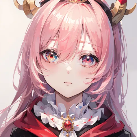 (highres,best quality,masterpiece:1.2),close up of a person with a crown on their head,divided half red and half white striped hair,heterochromia