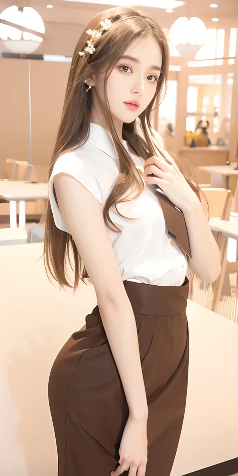 1girl,brown hair, white and brown clothes,holding a tablet, ultra detailed, masterpiece, realistic