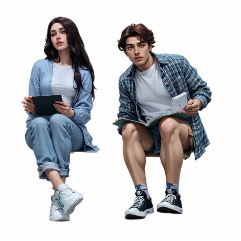 There are two people sitting on a bench with a tablet, medium shot of two characters, college students, homem e mulher, sem texto, masculino e feminino, estudante, sentar-se casualmente, promotional render, gen z, college, Directed by: Matija Jama, dois pe...