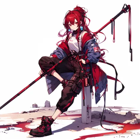 (masutepiece), (Perfect athlete body:1.2), Anime style, Full body, Cyberpunk Ninja Girl, Akaoni, Colored skin, Wearing street fashion. Wielding a long spear, Standing in the wasteland, Wear high-tech boots, White background, Whole body,