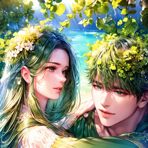 a girl with emerald eyes and green hair is hugged by a guy with brown hair and blue eyes. the girl is dressed in a light green d...