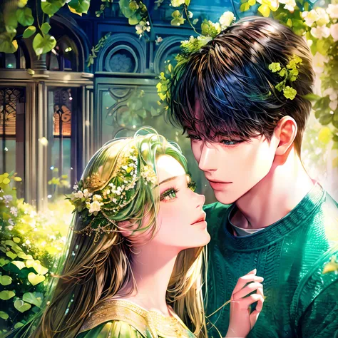 A girl with emerald eyes and green hair is hugged by a guy with brown hair and blue eyes. The girl is dressed in a light green dress, decorated with a clover wreath on her hair. The image is set against a background of lush greenery and blooming flowers, C...