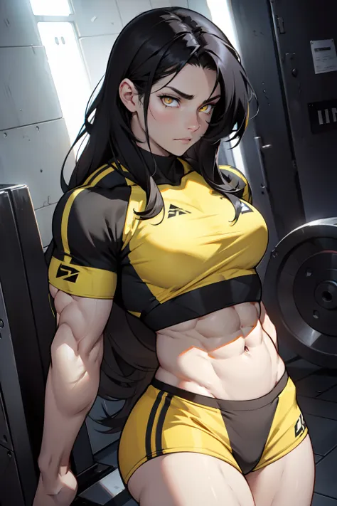 sad ((1girl bodybuilder)) pale skin black hair very long hair yellow eyes long abs