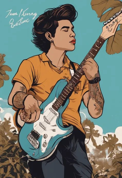 A poster for  (Pop punk SMK keling kumang) with (man with short, sturdy hair carrying an electric guitar) the tittle (white, Disney writing style) and motto Jiwa ku akan menjerit