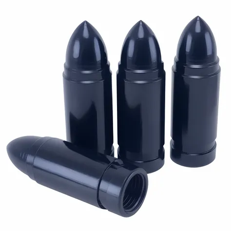 Three black bullet-shaped containers are arranged on a white surface, black plastic, Caseless ammunition, high quality product image”, bullets, plastic, in black lipstick, author：Randy Post, all black matte product, Ammunition bullets, shiny black lipstick...