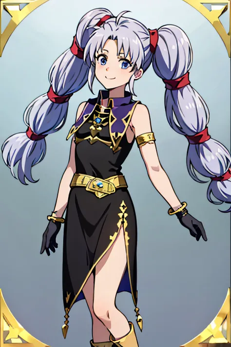 tine, twintails, dress, gloves, black dress, black gloves, sleeveless dress, jewelry, bracelet, belt, gold trim, side slit, bare shoulders, blue footwear, ankle boots, armlet, gem, 1girl, solo, facing viewer, looking at viewer, upper body, smile.