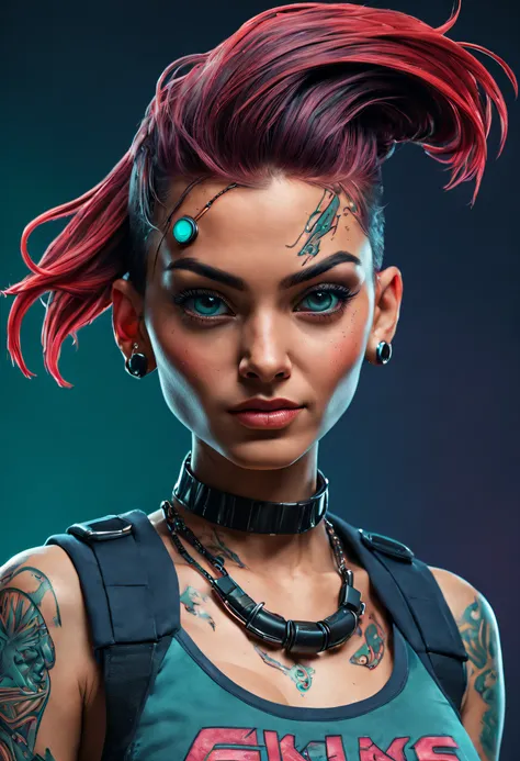 synthwave style, nvinkpunk Detailed portrait cyberpunk (sks woman) (20 year old sks woman), futuristic neon reflective wear, sci-fi, robot parts, perfect face, ((tattoo)), (long hair), matte skin, pores, sharp detail, sharpness, wrinkles, hyperdetailed, hy...