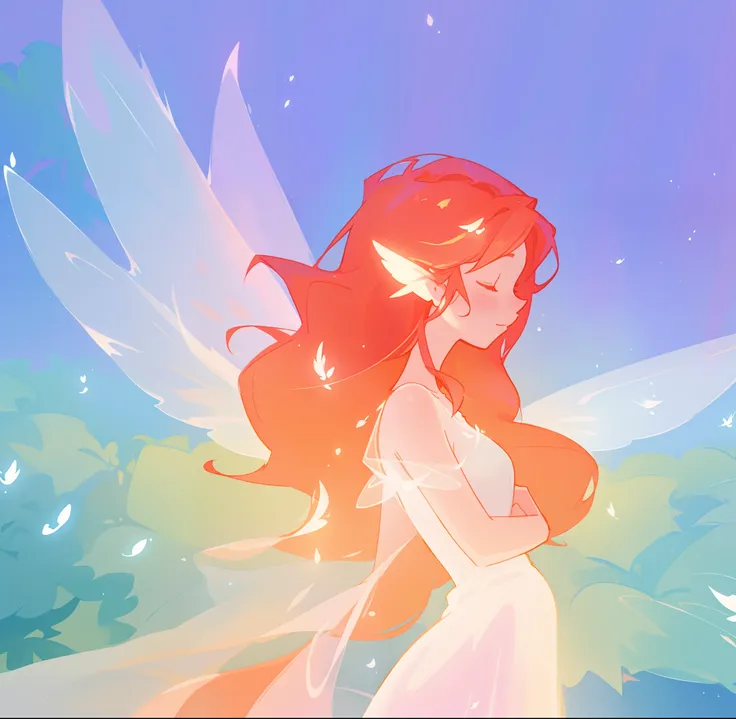 beautiful fairy girl in flowing white dress, fairy dress, fairy queen, (glowing fairy wings), long red hair, sparkling fairy wings, watercolor illustration, inspired by Glen Keane, inspired by Lois van Baarle, disney art style, by Lois van Baarle, glowing ...