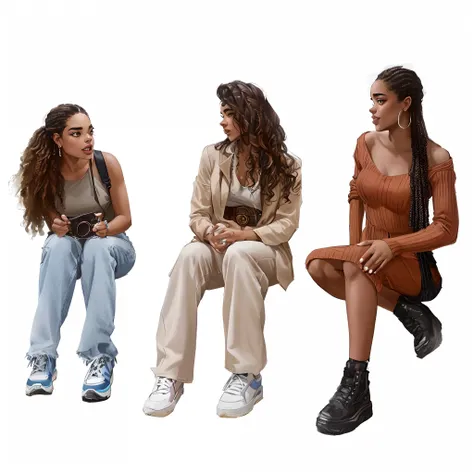 Three women sitting on a bench talking to each other, calmamente conversando 8k, young women, roupas diversas, 3 mulheres jovens e bonitas, sentar-se casualmente, Three women, imagens promocionais, texturizado, um grupo de pessoas, retrato de corpo inteiro...