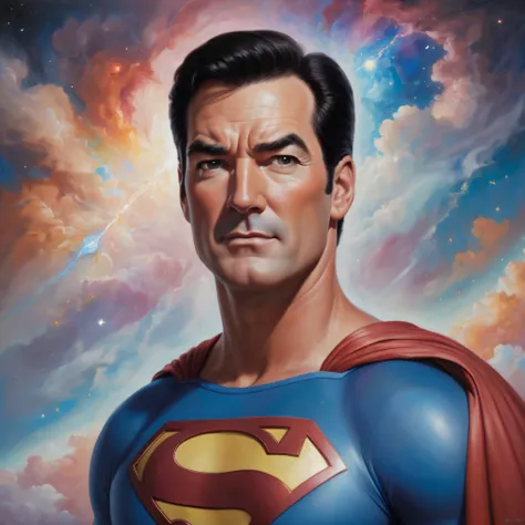 Close-up, Head to shoulders image of Patrick Warburton as Superman, extremely colorful, planets and stars and galaxies in the background, Multicolored lightning, fog, clouds, oil painting on canvas, in the art style of Boris Vallejo