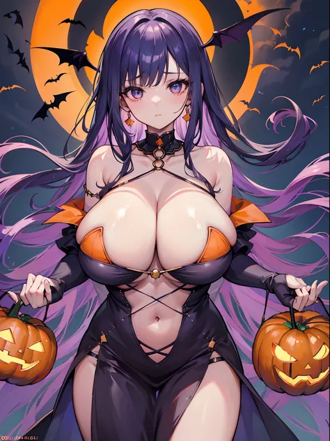 one-girl，Delicate facial features，huge tit，Halloween costumes，sorceress woman，Open chest，Penetrate the flesh，areola of breast，hair adornments，Coiled hair，With a gentle expression，Be red in the face，borgar，pumpkins，the bats