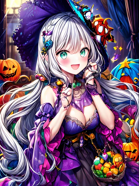 (Best quality,A high resolution,Masterpiece:1.2),Ultra-detailed,Creative Halloween, Cartoon style,Colorful,Playful,Spooky characters, Vibrant background,( Jack-o-lantern helmet:1.3)，Witch hat，Whimsical pumpkins, an enchanted forest, Magical atmosphere, hau...