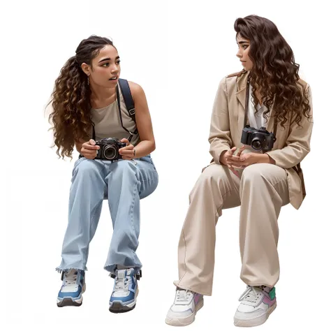 Two women sitting on a bench with cameras and a backpack, calmamente conversando 8k, Duas meninas, duas mulheres, medium shot of two characters, young women, lesbian, sentar-se casualmente, sentado, lesbians, fotoscanned, gen z, olhando um para o outro sem...