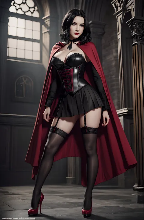 full body picture, 25 year old girl, vampire, black hair, short hair, disheveled hair, pale skin, blue eyes, dark red lips, medium breasts, mischievous smile, vampire fangs, black corset with intricate red details, flowing black cape, black pleated skirt, ...