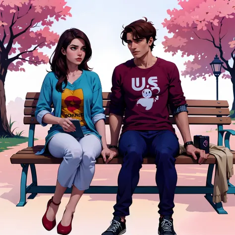 There are two people sitting on a bench with a tablet, medium shot of two characters, college students, homem e mulher, sem texto, masculino e feminino, estudante, sente-se casualmente, promotional render, gen z, college, Directed by: Matias Jama, dois per...