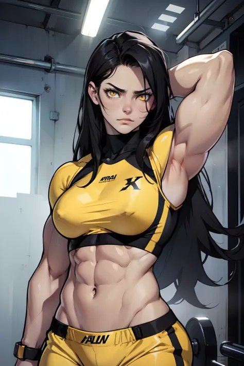 sad 1girl bodybuilder pale skin black hair very long hair yellow eyes long abs