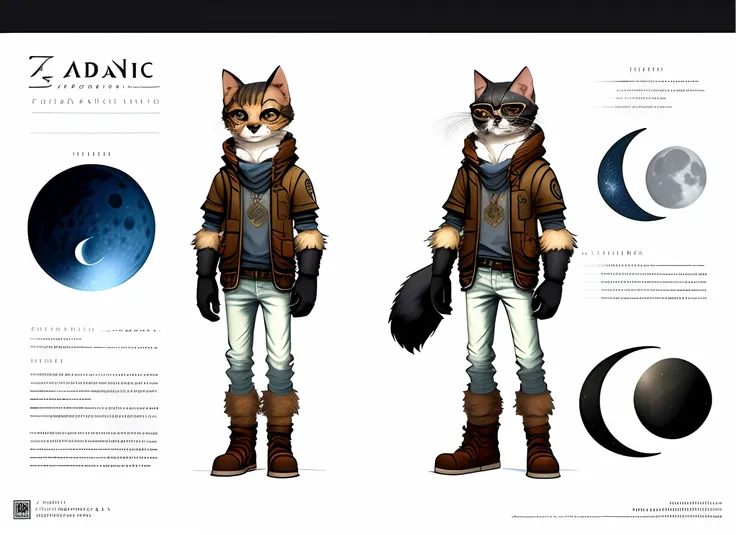 a rendered picture character reference sheet of a furry anthro fursona black and white cat character, moon magic theme, with round gold glasses