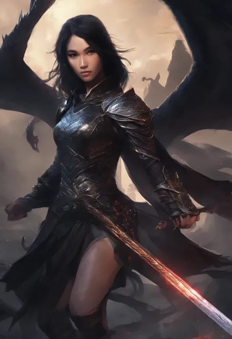 mythology, 12 year old girl dragon slayer with long sword, black hair, black clothes, slim body, perfect body, sexy,  (casting magic:1.4), Dragon in background, highly detailed, 8k, realistic Full HD, best quality, cinematic lighting, volumetric lighting