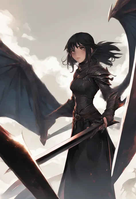 mythology, 12 year old girl dragon slayer with long sword, black hair, black clothes, Dragon in background, highly detailed, 8k, best quality, cinematic lighting, volumetric lighting