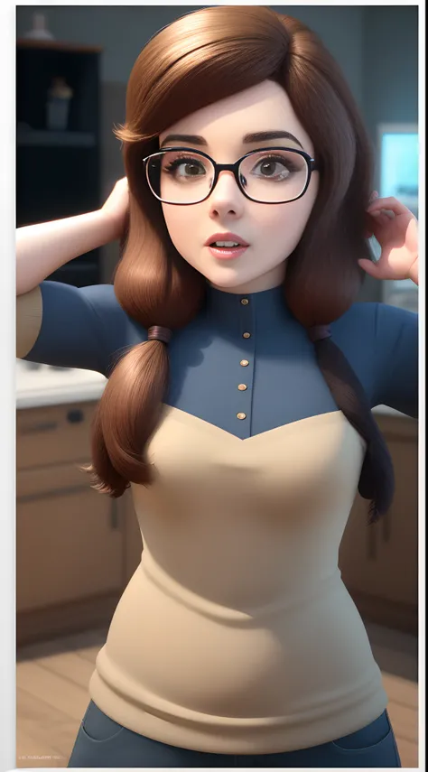 Poster 3D inspirado na Pixar/Disney capturando uma cena com uma mulher branca de 37 anos, cabelo castanho clarissimo com highlights preso em rabo de cavalo, wearing square glasses, em sua casa cuidando de suas duas gatinhas cinza com listras pretas