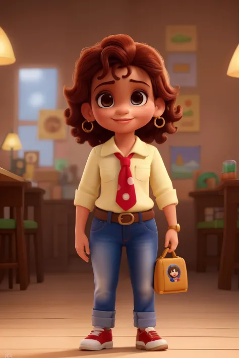 caricatura dos desenhos animados, adolable, ((Maquiagem Disney)),menina morena dos olhos grandes,Cabelos vermelho, curtos, oculos, fundo branco, Cup of coffee in hands, Use jeans e sapatos longos, orelhas pequenas;;;;;;;;;, corpo inteiro,  cores intensas, ...