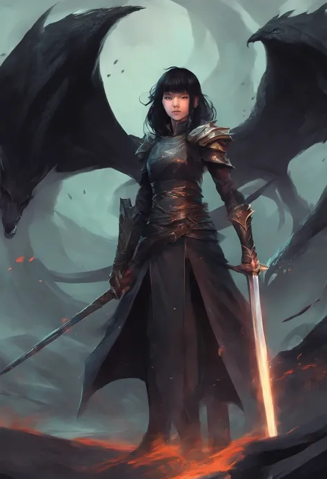 mythology, 12 year old girl dragon slayer with long sword, short black hair, black clothes, Dragon in background,  best quality,