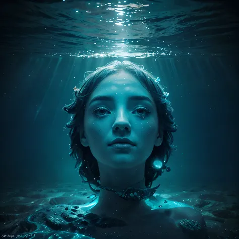 Create an album cover featuring a surreal underwater world with vibrant, bioluminescent creatures, set against a starry night sky. The title of the album is Aqua Dreams, and it should evoke a sense of otherworldly tranquility and mystery. The artists name,...