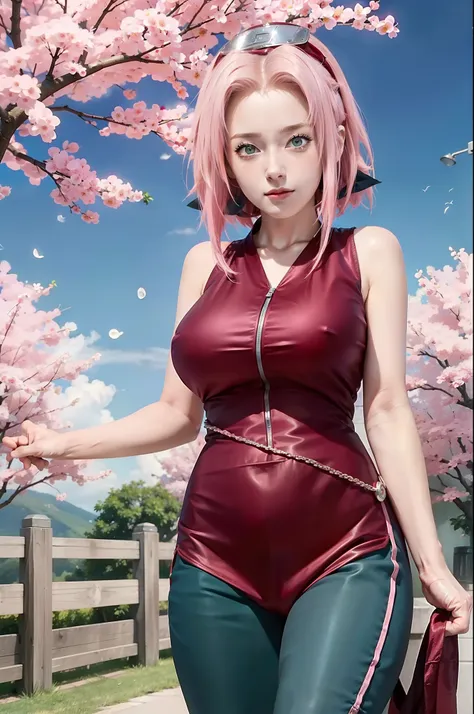 (masterpiece), (best quality), 8k resolution, 1girl, Haruno sakura ,in anime (Naruto) , realistic ,Higt photos HDR ,beautiful girl, stunning beauty, mature female, 30yo, perfect body, nightgown, belly waist chain, smile, indoor, pink short hair