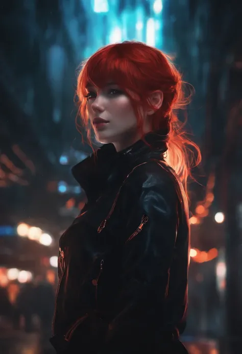 anime girl with glowing red hair and a dark cyberpunk background