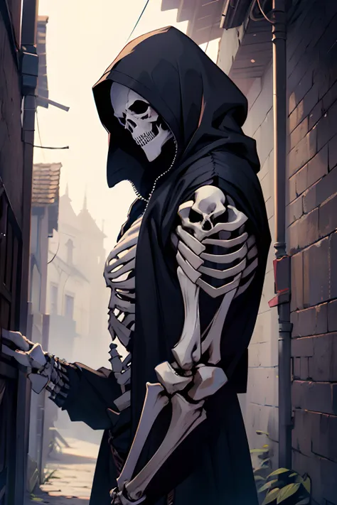 undead, skeleton, humanoid, knave, frontal view, stands, Killers clothes, Face Bones, Skeleton Alive, Medieval Assassin Clothes, undead, Fully skeleton, Killers clothes, knave , Assassin, Assassins Clothes