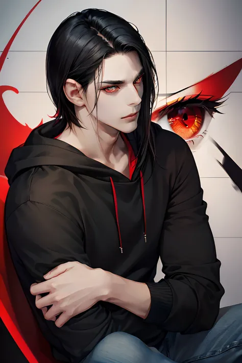 Young guy, (((Shoulder-length black hair))), (((red-eyes))), Green hoodie, black tshirt, hands in pocket, relaxed posture, Relaxed face, ((Perfect eyes)), ((Equal Eyes)), Extremely detailed, portraite of a, (((Face and eye detailing:1.2))), 8K, (Masterpiec...