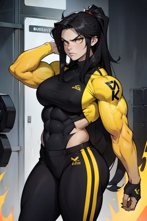 angry ((((1girl)))) (((bodybuilder))) pale skin black hair very long hair yellow eyes