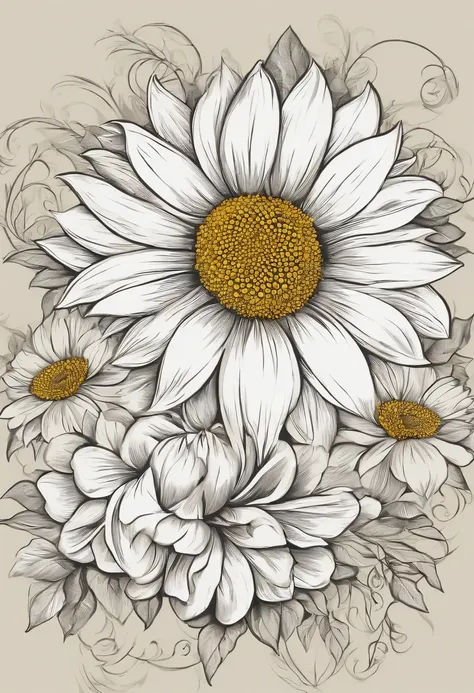 flor inspirada en una margarita, petalos blancos grandes, estilo amarillo muy marcado efecto girasol, la for es un dibujo artistico y tiene una sobra negra