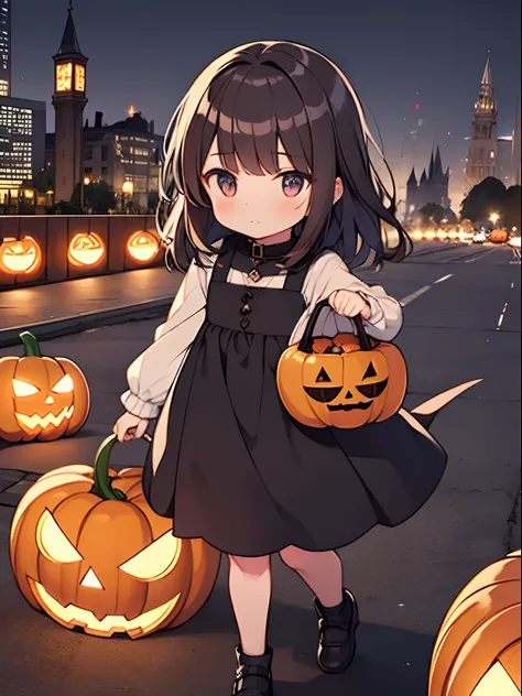 Halloween, costumes, brown hair, black hair, jack o lantern, cute, Cute cityscape at night, little witch,walking,infant,loli,(child)