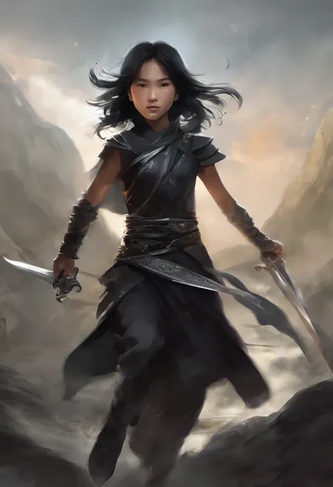 mythology, dragon slayer 12 year old girl with sword, dressed in black, shoulder length black hair, running towards camera, detailed face, perfect face