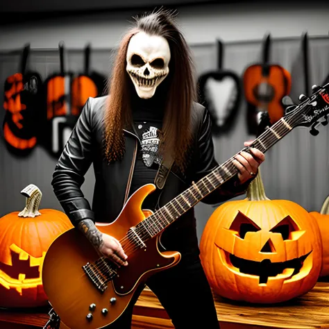 scary realistic long haired punk guitarist with pumpkin head