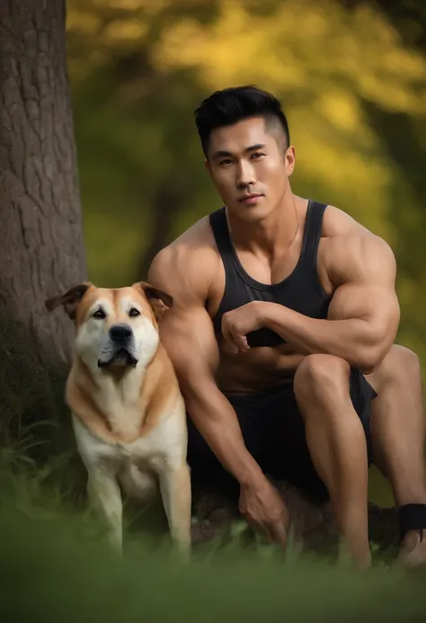 Nature,( a muscle man asian, handsome, big ) , a dog