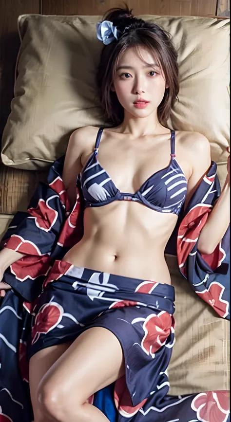 Top quality, photorealistic, 8k, high resolution, 1 girl, female, (medium breasts: 1.8), inn, yukata, , ((Japan, no yukata, no bra)), bronze hair, slightly shorter hairstyle, slouched, (lying on your back on a futon)), legs open,