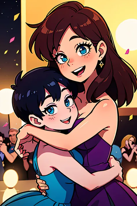 A girl,Plus Ultra class of 20XX reunion,beautiful detailed eyes,beautiful detailed lips,extremely detailed eyes and face,long eyelashes,illustration,ultra-detailed,realistic,highres,portrait,prom,evening gown,excited expressions,hugs and smiles,decorated v...