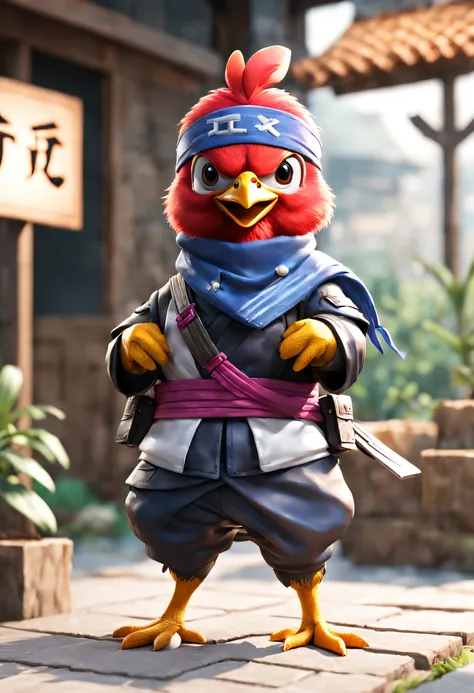 full body Esbian、Cool Ninja Chicken、diorama、symple background、White background、bandana、​masterpiece, Best Quality, Capture super cute moments, depth of fields, ultra-detailliert, Ultra High Resolution, Octadale, 8K, 16 K