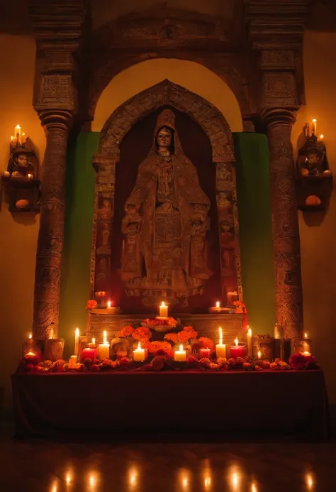 Altar mexicano de dois andares para o dia dos muertos com velas, caveiras e fotografias antigas