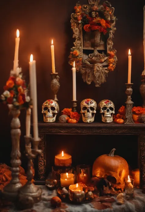 Altar mexicano de dois andares para o dia dos muertos com velas, Skulls and photographs and glasses of drinks Horror mood