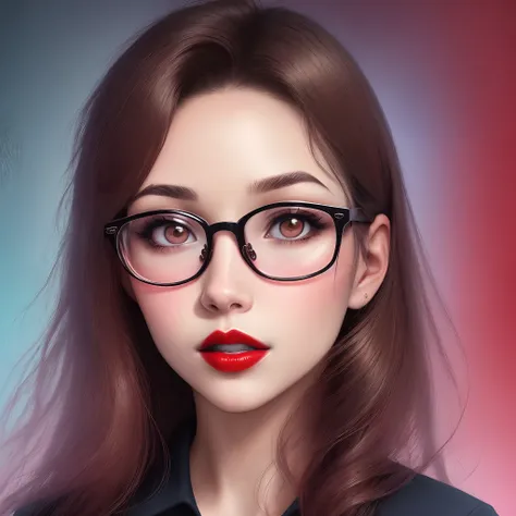 Uma mulher jovem, cabelos curtos, Modern glasses and highlighted mouth with red lipstick. Fundo abstrato, fractais em paleta de  cores amarelonpalido