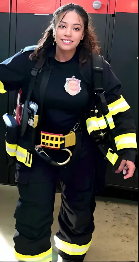 arafed woman in a firefighters uniform standing in a locker, firefighting gear, firefighter, young female firefighter, full costume, fireman, profile shot, full body close-up shot, full uniform, full body with costume, by Bernie D’Andrea, full-body-shot, p...