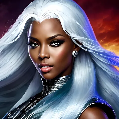 mulher com longos cabelos brancos e um vestido branco, retrato de ororo munroe, tempestade x-men, pele escura deusa, epic digita...