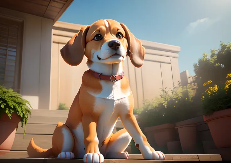 A pixar-styler 3d, Make a dog, Beagle, com o dorso marrom claro, e partes brancas pelo corpo, olhos da cor amba, Sitting looking up at the sky, com um fundo de jardim, em um dia ensolarado